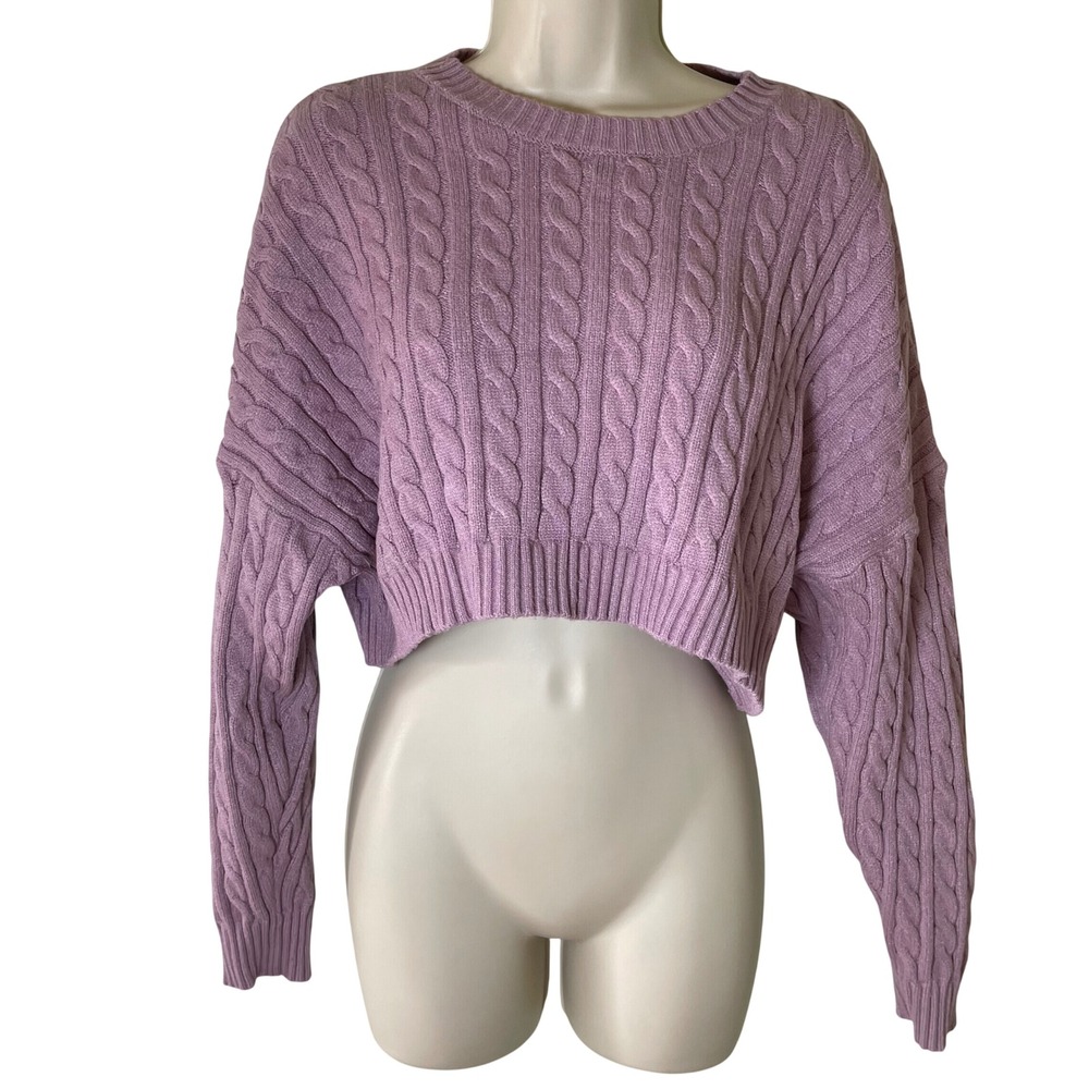 Altar'd State Cable Knit Cropped Sweater Size M Purple Long Sleeve Casual Preppy